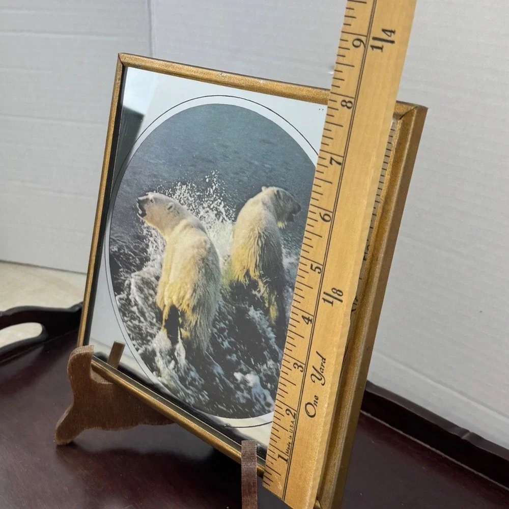 Vintage Polar Bear Mirror Art Framed Wildlife Nature Decor 8x8 Gold Tone Frame‎